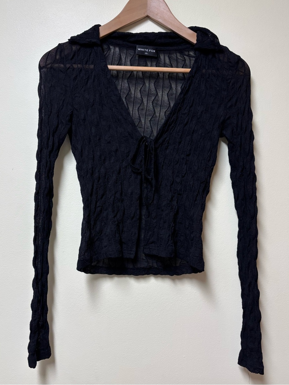 White Fox Boutique Black Sheer Textured Tie Front Top XS